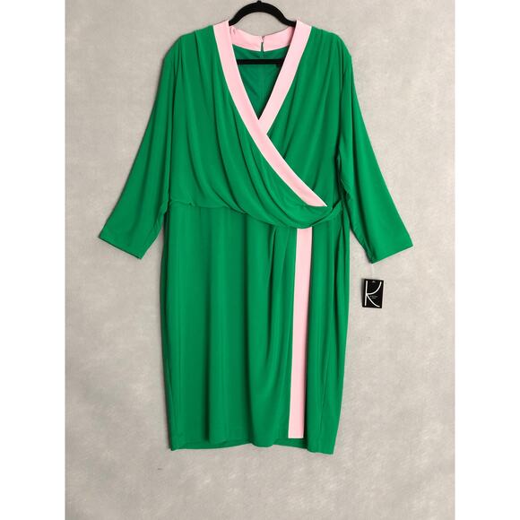 Kasper Women's Size 2X Faux Wrap Dress Green/Pink NEW - Picture 1 of 6